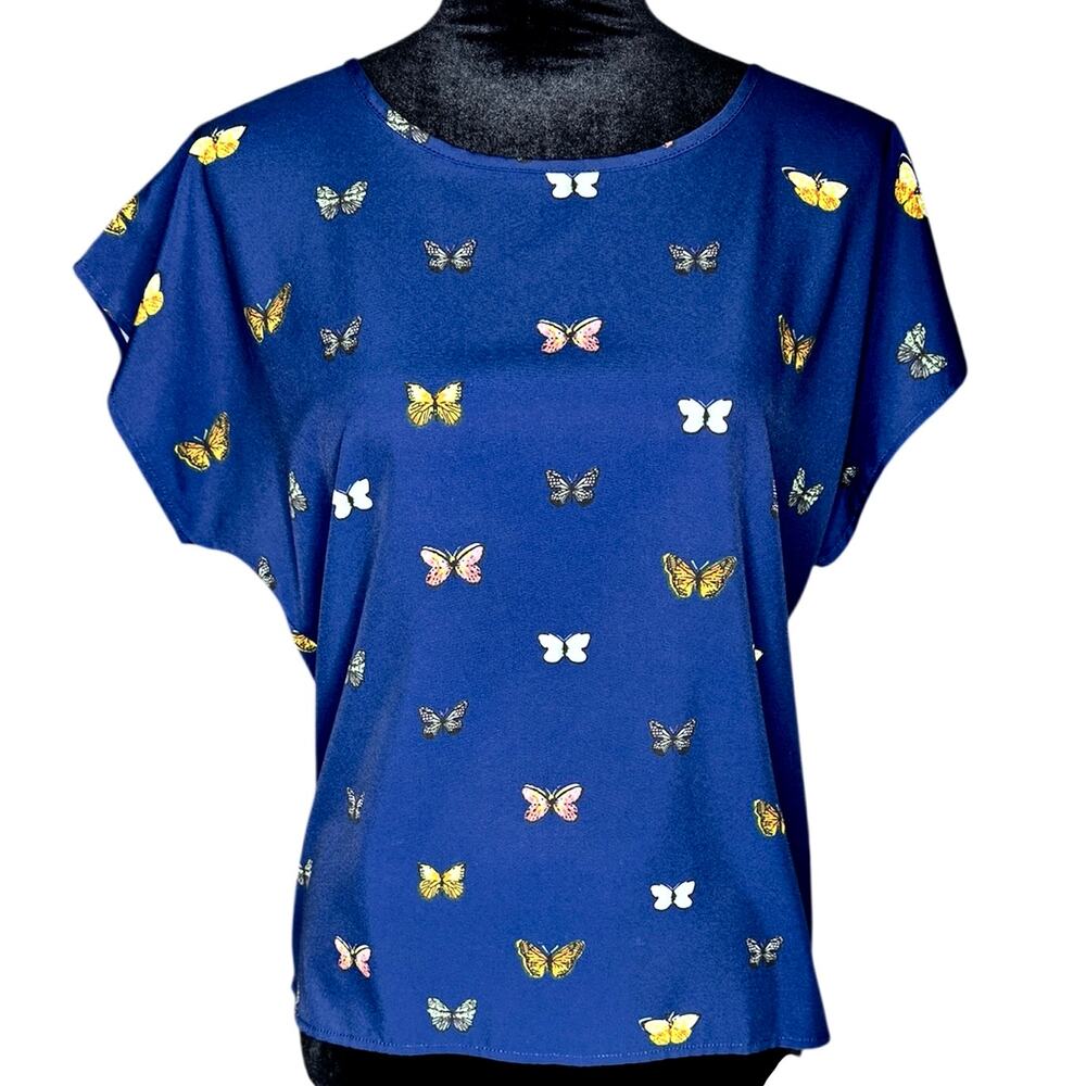SHEIN Dark Blue Butterfly Print Dolman Short Sleeve Blouse Top size Medium